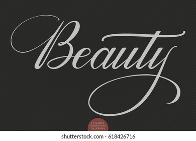 Hand drawn lettering "Beauty". Elegant modern handwritten calligraphy. Vector Ink illustration. Typography poster on dark background. For cards, invitations, prints etc.   