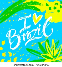 Hand drawn lettering Brazil. Modern calligraphy. Ink illustration. Design for banner, poster, card, souvenir, flyer, brochure, t-shirt. Isolated on textured colour abstract background