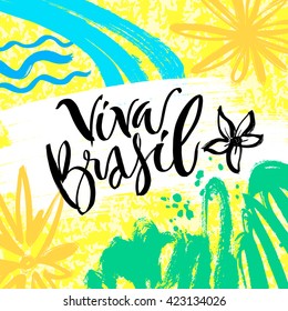 Hand drawn lettering Brazil. Modern calligraphy. Ink illustration. Design for banner, poster, card, souvenir, flyer, brochure, t-shirt. Isolated on textured colour abstract background