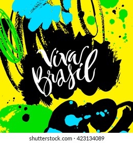 Hand drawn lettering Brazil. Modern calligraphy. Ink illustration. Design for banner, poster, card, souvenir, flyer, brochure, t-shirt. Isolated on textured colour abstract background