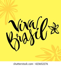 Hand drawn lettering Brazil. Modern calligraphy. Ink illustration. Design for banner, poster, card, souvenir, flyer, brochure, t-shirt. Isolated on textured colour abstract background