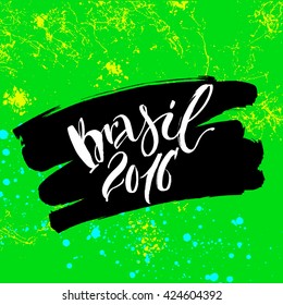 Hand drawn lettering Brazil. Modern calligraphy. Ink illustration. Design for banner, poster, card, souvenir, flyer, brochure, t-shirt. Isolated on textured colour abstract background