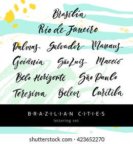 Hand drawn lettering Brazilian cities. Modern calligraphy. Ink illustration. Design for banner, poster, blogpost, map, card, souvenir, flyer, brochure, t-shirt. Isolated. Vector