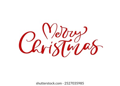 Mão desenhado caligrafia texto feliz Natal com coração para cartão de saudação. Feriados de inverno. Fundo branco e vermelho.
