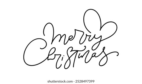 Hand drawn lettering calligraphy text merry Christmas with heart for greeting card. Winter holidays. White and black.