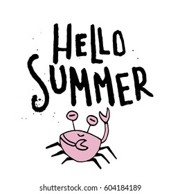 Hand drawn lettering card - Hello summer. With effect dry brush. Can use for logos, cards,T-shirts. Isolated on white