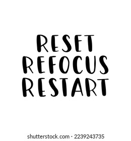 Hand drawn lettering card. The inscription: reset refocus restart. Perfect abstract design for greeting cards, posters, T-shirts, banners, print invitations.