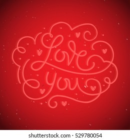 Hand drawn lettering card.  Love card with brush calligraphy. Heart with phrase love you. Graphic illustrations on red background for your design.