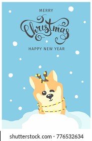 Hand drawn lettering. Card. lettering. Poster. Merry Christmas and Happy New Year.Lettering design. Poster of  happy new year. Flyer design. corgi. happy new year 2018. symbol of year.