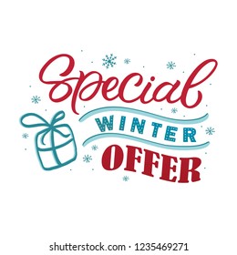 Hand drawn lettering card.Chritmas postcard. The inscription: special winter offer. Perfect design for greeting cards, posters, T-shirts, banners, print invitations.