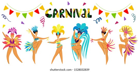 Hand drawn lettering Carnival. Women dance in colorful carnival costumes. Salute and decorative elements in doodle style. Carnival concept for flyers, posters, advertising, t-shirt design.