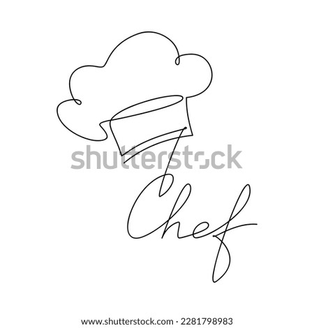 Hand drawn lettering Chef hat vector one line continuous drawing. Outline illustration. Hand drawn linear silhouette. Minimal design element for print, banner, card, brochure, poster, menu, logo.