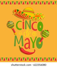 Hand drawn lettering - Cinco De Mayo, poster, banner, greeting card with sombrero, maracas and chili, for announcement, invitation, party.