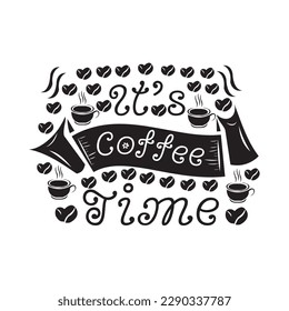  Diseño de café con letras dibujadas a mano con elementos de calidad. el café es siempre una buena idea sobre fondo negro para imprimir, banner, diseño, afiche. Cita de café de tipografía moderna.