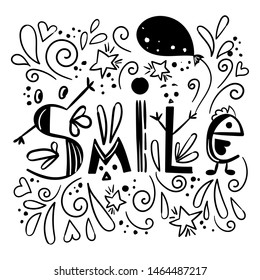 Hand drawn lettering composition about smile with decorative cartoon elements in line art style. Typography design for print, poster in doodle style