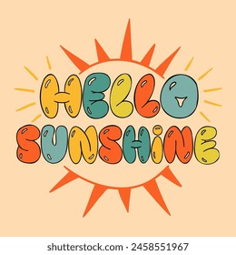 Hand drawn lettering composition about summer - Hello sunshine - vector graphic in retro style, for the design of postcards, posters, banners, notebook covers, prints for t-shirts, mugs, pillows.