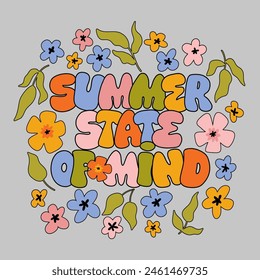 Hand drawn lettering composition about summer - Summer state of mind -  vector graphic in retro style, for the design of postcards, posters, banners, notebook covers, prints for t-shirts, mugs.