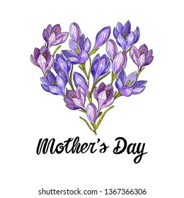 Hand drawn lettering composition Mother’s Day with crocus flowers heart. Isolated on white background. Watercolor imitation. Template for invitation, party, greeting card. Vector illustration
