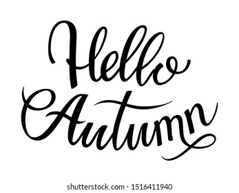Hand drawn lettering composition Hello autumn on the white background. Seasonal handwritten design element for poster, card. Vector illustration.