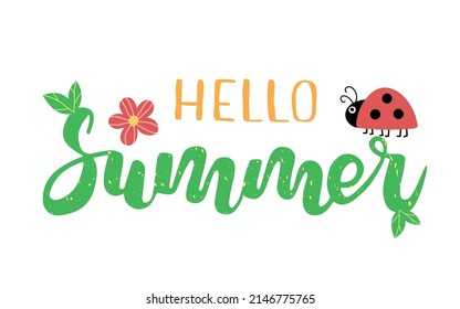 Composición con letras dibujadas a mano de Hello Summer. Aislado sobre fondo blanco. Grabación de vectores. Diseño para decoración, tarjetas, impresiones, web, afiches, pancartas, camisetas