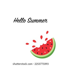 Hand drawn lettering composition Hello Summer with a slice of juicy watermelon with seeds. Vector illustration.