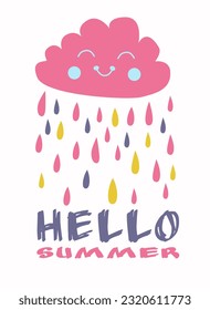 Hand drawn lettering composition of Hello Summer with doodle cloud and rain.