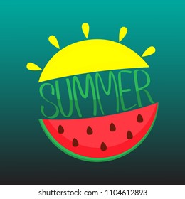  Hand drawn lettering composition Summer with sun and watermelon. Vector illustration.