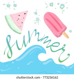 Hand drawn lettering composition of Summer with watermelon and ice cream. Handwritten calligraphy design.