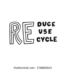 Hand drawn lettering composition with three RE. Typographic zero waste message Reduce Reuse Recycle calling for ecology mindset. Unique font slogan for print, poster, web site, blog, cover, apparel