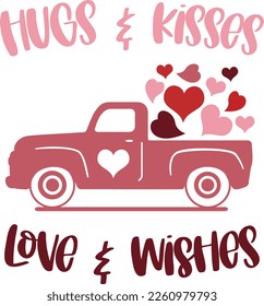 Hand drawn lettering composition for valentines day - Hugs and kisses love and wishes - Vector graphic in white background, for the design of postcards, posters, banners, t-shirt...