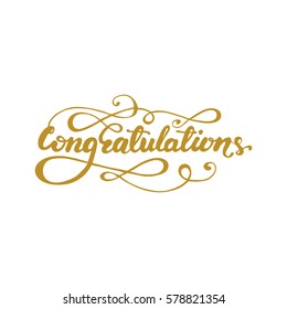 Hand drawn lettering "Congratulations"  with flourishes. Vector illustration in golden color.