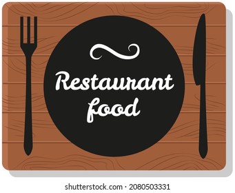 Hand drawn lettering for culinary label. Phrase, outline of expression lets cook together. Idea for poster about cooking. Icon of cutting board culinary emblem on background of wooden plaque