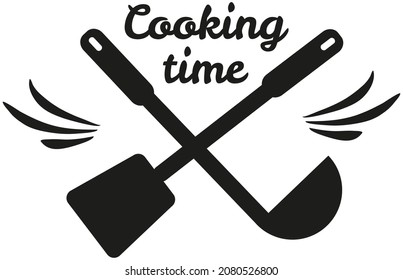 Hand drawn lettering for culinary label. Phrase, outline of expression cooking time. Idea for poster, postcard about cooking. Icons of ladle and spatula for food preparation, culinary emblem
