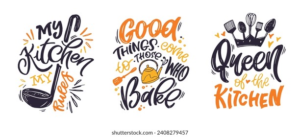 Hand drawn Lettering cute print postcard about cooking and kitchen. T-shirt design, mug print, lettering art poster, fashion sticker. 100% vector file