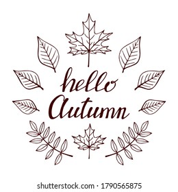 Hand drawn lettering with decorative elements, autumn leaves. Text "Hello autumn" on the white background. Vector illustration. Perfect for prints, flyers, banners, invitations