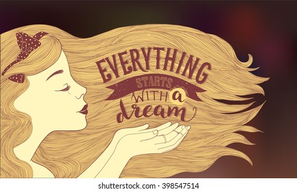 Hand Drawn Lettering design 'Everything Starts With a Dream' Young pretty girl profile portrait on a  white background. Isolated. 