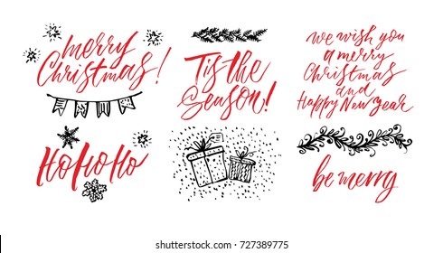 Hand drawn lettering design. Ink brush illustration. be Merry.we wish you a merry Christmas and Happy New Year. Tis the season. Merry Christmas.