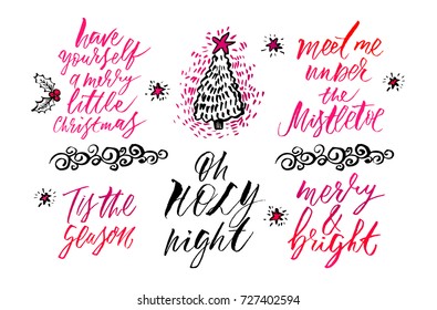 Hand drawn lettering design. Ink brush illustration. Merry & bright. Oh holy night. Tis the season. Have yourself a merry little Christmas.