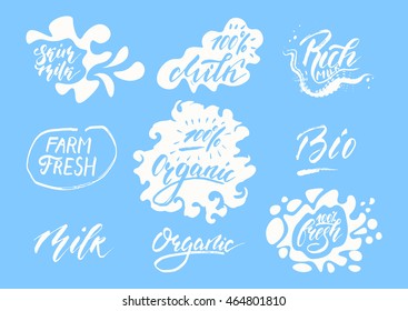 Hand drawn lettering design with rough edges for milk logo, sticker, advertising of grocery, agriculture store, product packaging.