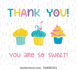 Hand drawn lettering design Thank you! poster or greeting card for nursery, children's items decor, apparel. Fun cute naive style, bright colors.