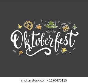 Hand drawn lettering with different objects on black background. Oktoberfest traditional beer festival poster design. - Vector