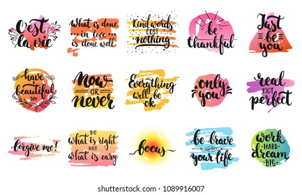 Hand drawn lettering different quotes collections isolated on the white background. Fun brush ink vector calligraphy illustrations set for banners, greeting card, poster design.