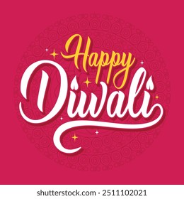 Hand drawn lettering Diwali greeting cad on pink madala background. Indial traditional light festival celebration poster, banner, template design. Diwali colorful typography and calligraphy