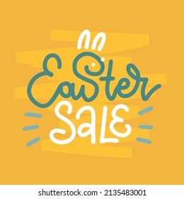 Hand drawn lettering - Easter SALE - with bunny ears on yellow background. Vector illustration for design of card, banner, logo, flayer, label, icon, badge, sticker