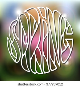 Hand drawn lettering element in the form of letters of the word SPRING on blurred multicolored background with sparkling points.