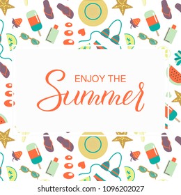 Hand drawn lettering Enjoy the summer with colorful pattern and elements in flat style on background. Abstract design card perfect for prints, flayers, banners, invitations, special offer poster.