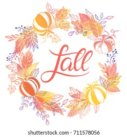Hand drawn lettering fall with pumpkins and leaves in autumn colors.Seasons greetings card perfect for prints, flyers, banners,invitations, special offer and more.Vector autumn illustration.