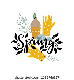 Hand drawn lettering with garden elements and the inscription - Spring. For prints on t-shirts, mugs, pillows.