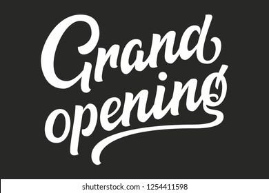 Hand drawn lettering Grand Opening. Vector Ink illustration. Typography poster on black background. Template banner, flyer, design element, decoration for opening event