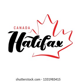 Hand drawn lettering Halifax with a maple leaf. Hand drawn lettering of Canada's province for tourist signs, tourist map of the province. Logo, banner. Unique freehand lettering.